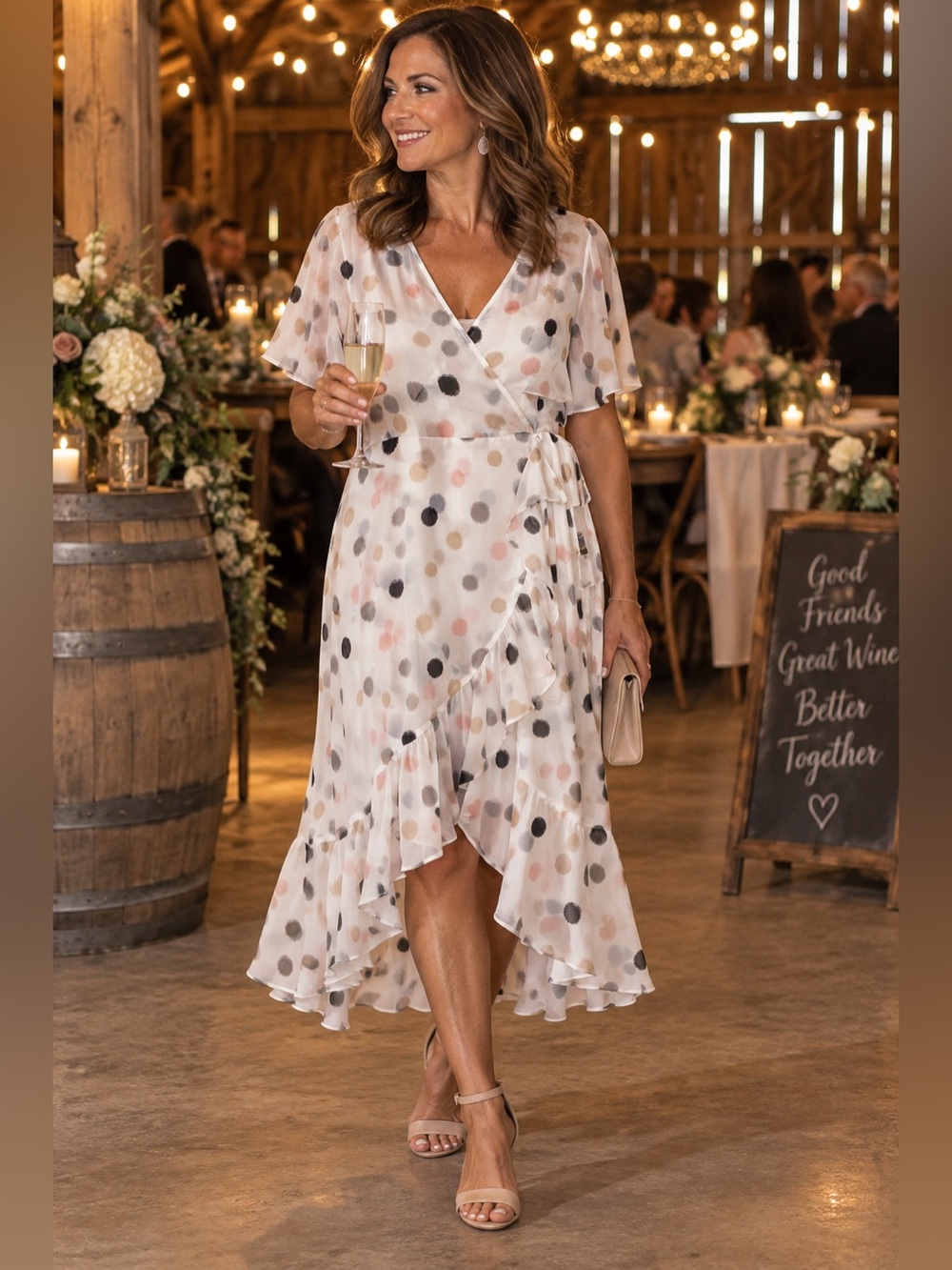 Calvin Klein Ivory Wrap High-Low Polka Dot Dress